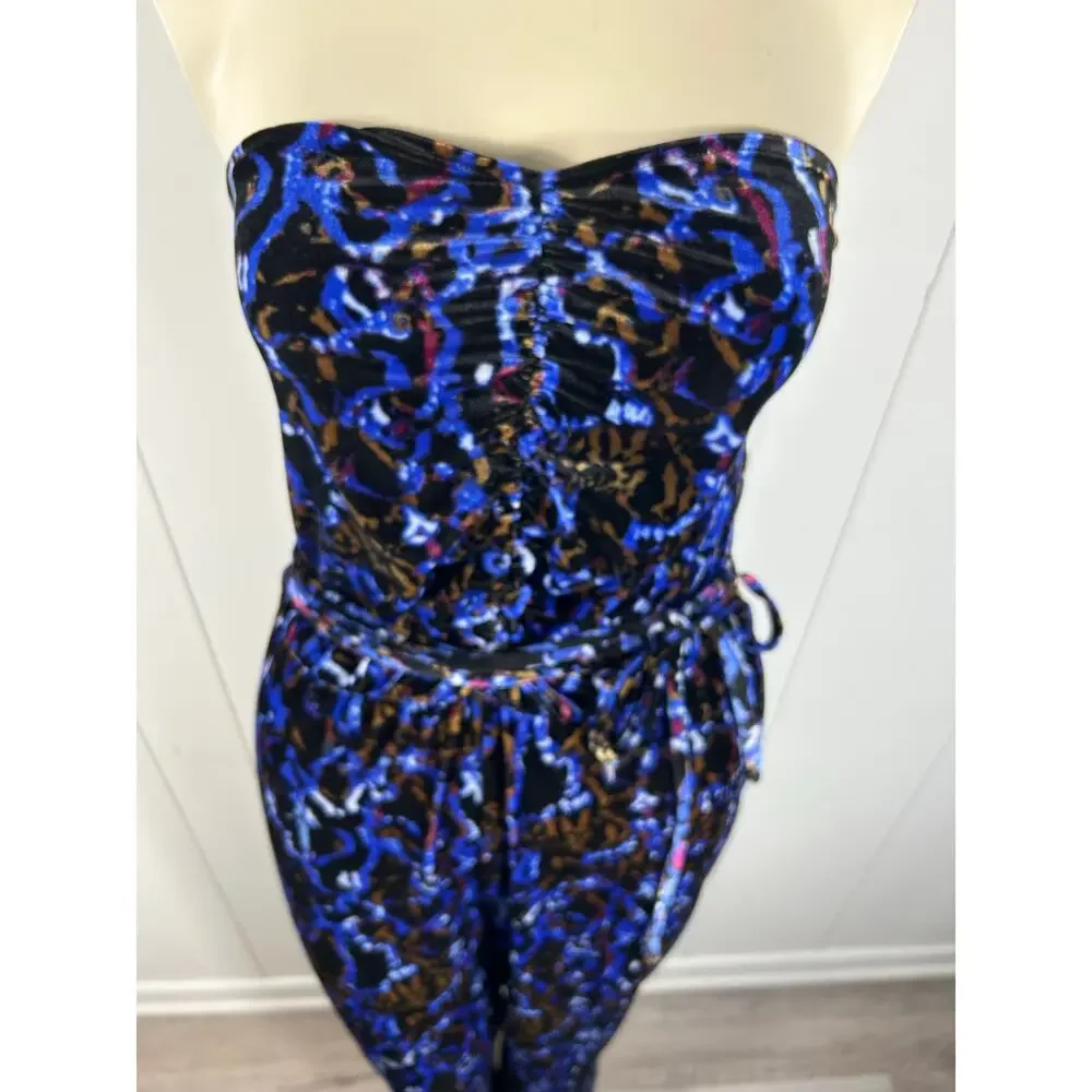 Open Edit Womens Velour Jumpsuit Stretch Strapless Printed Blue Size L. NWOT - Picture 5 of 8